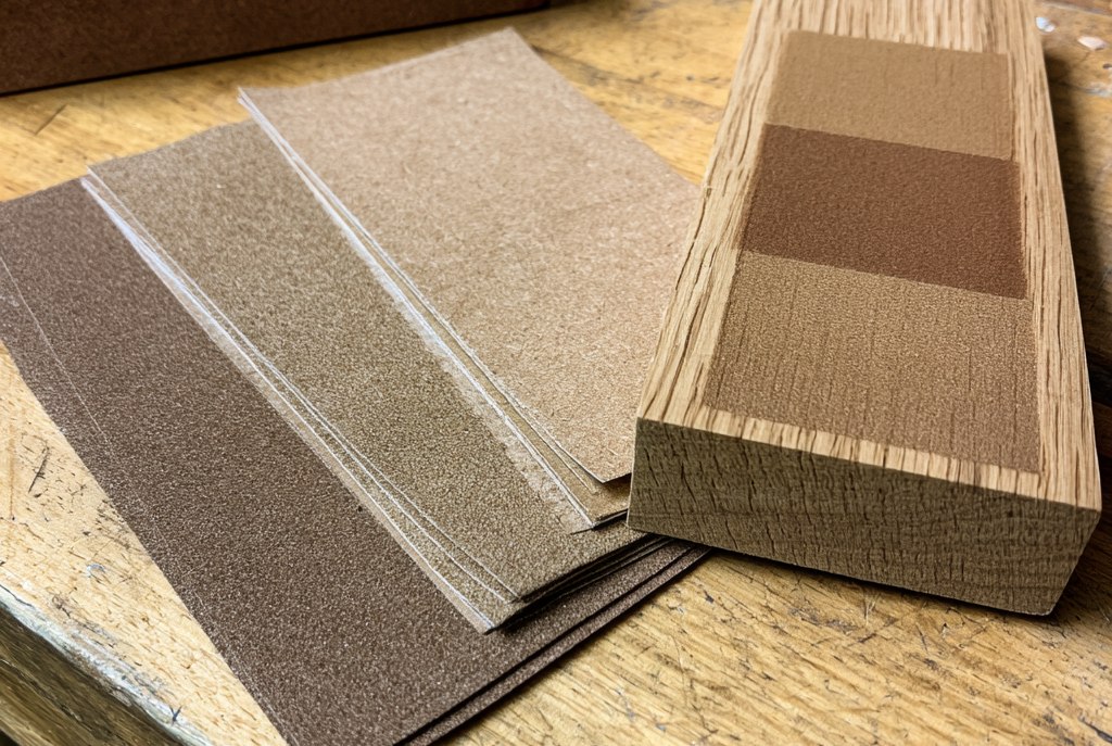 Four sheets of sandpaper of increasingly fine grit fanned out on a workbench beside a sharpening stone, next to an oak board showing three sanded patches getting progressively smoother