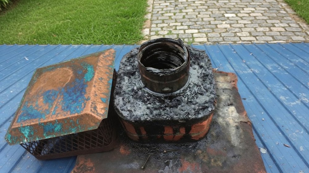 A chimney cap lifted off and set down on a roof, the flue collar and crown beneath it thickly encrusted with black flaking creosote