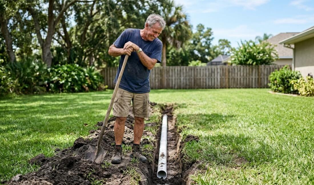 A senior man leaning on his shovel beside a freshly dug trench with new white PVC pipe in a sunny Florida backyard