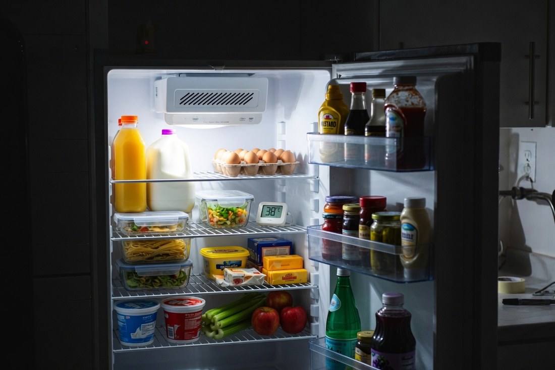An open refrigerator lit from within in an otherwise dark kitchen, a small digital thermometer on the middle shelf reading 38 degrees