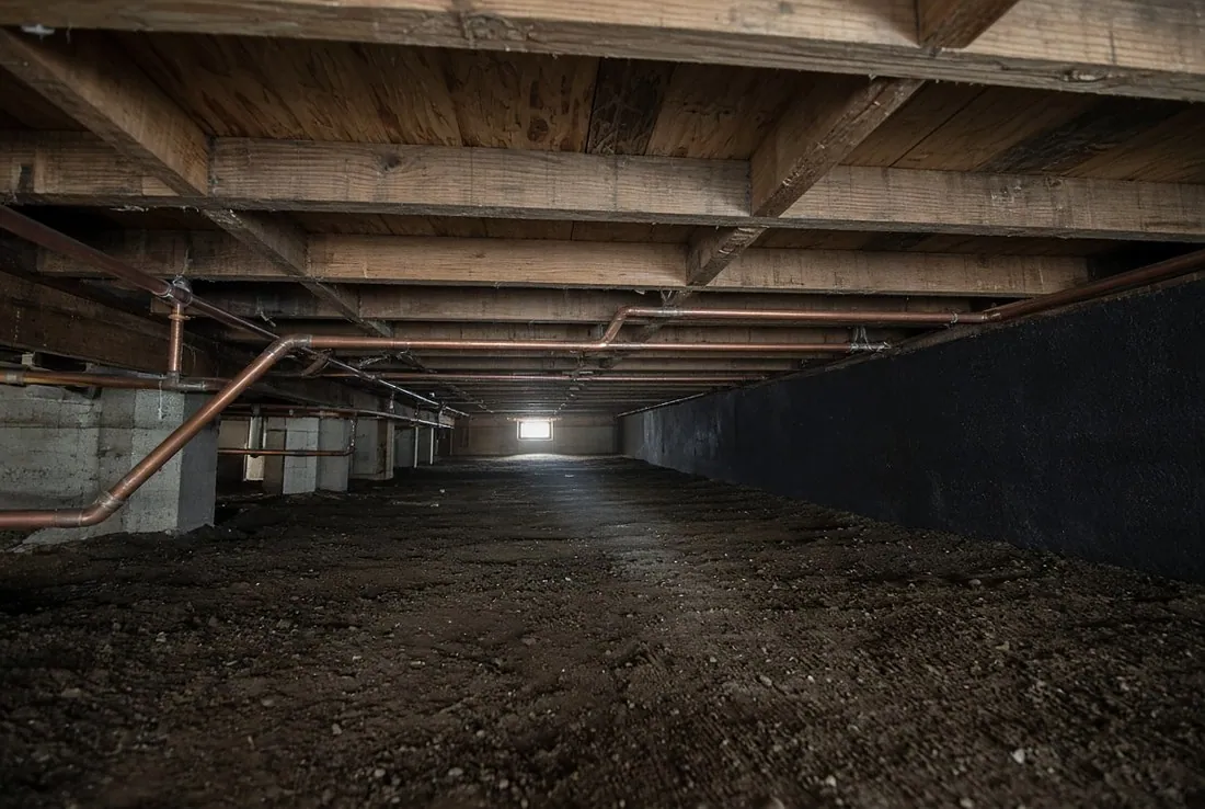 A dirt-floored crawlspace under a house, with wooden floor joists and copper water pipes running overhead and a small vent of daylight at the far end