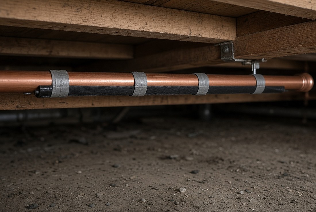 Electric heat tape installed on a copper water pipe in a crawlspace: a black cable running in a single straight line along the underside of the pipe, secured at intervals with metallic tape, not wrapped or spiralled, with no insulation over it