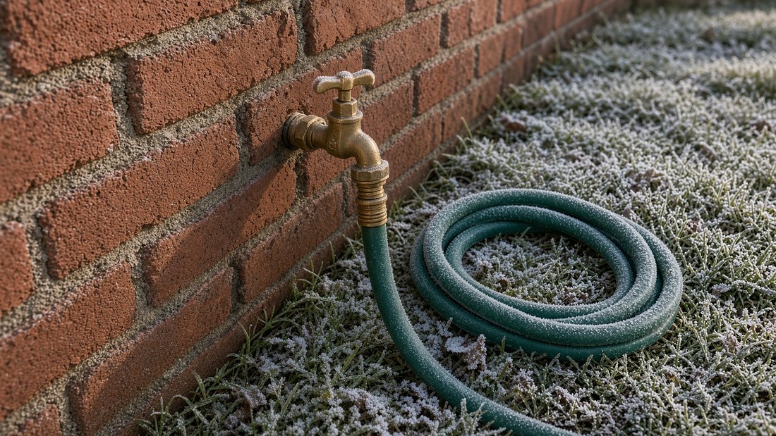 A brass outdoor faucet on a red brick wall on a frosty morning, with a green garden hose still screwed onto it and coiled on frost-covered grass below