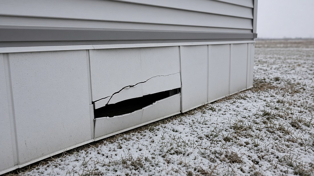 The base of a manufactured home in winter with a light covering of snow on the ground, showing a cracked vinyl skirting panel pushed inward and leaving a dark gap several inches wide into the space beneath the home