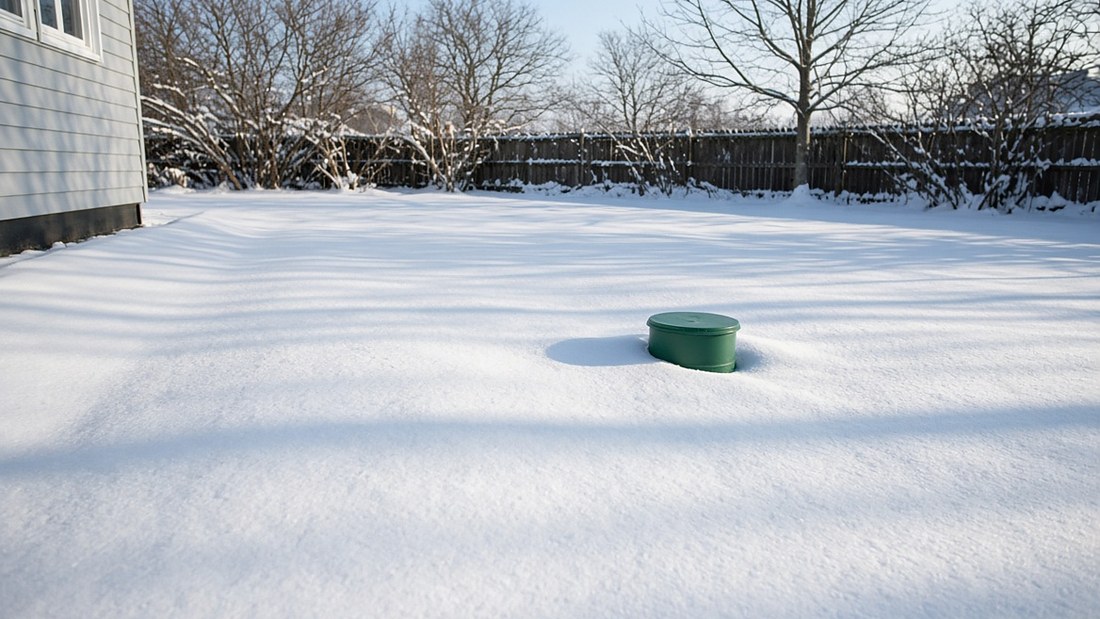 A residential back yard under smooth undisturbed snow on a bright winter morning, with a green plastic septic inspection riser cap seated above the snow in the middle of the lawn