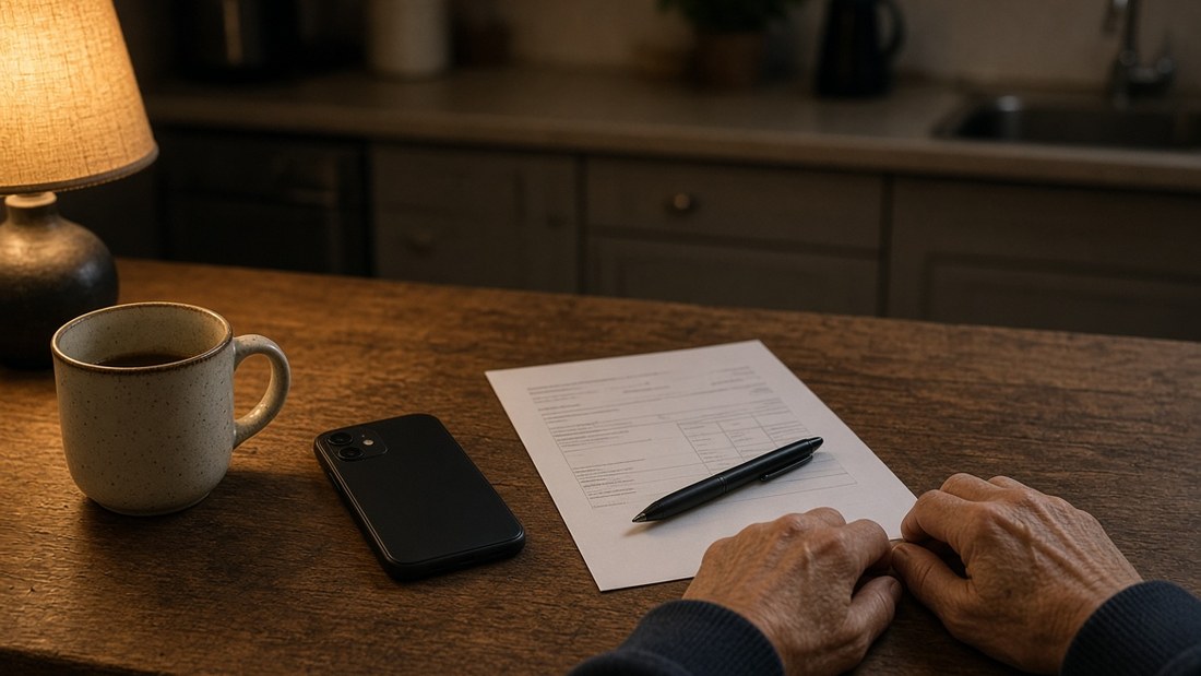 An older person’s hands resting on an unbranded printed form on a dark kitchen table under a lamp at night, a pen lying across the page, a mug and a phone beside it