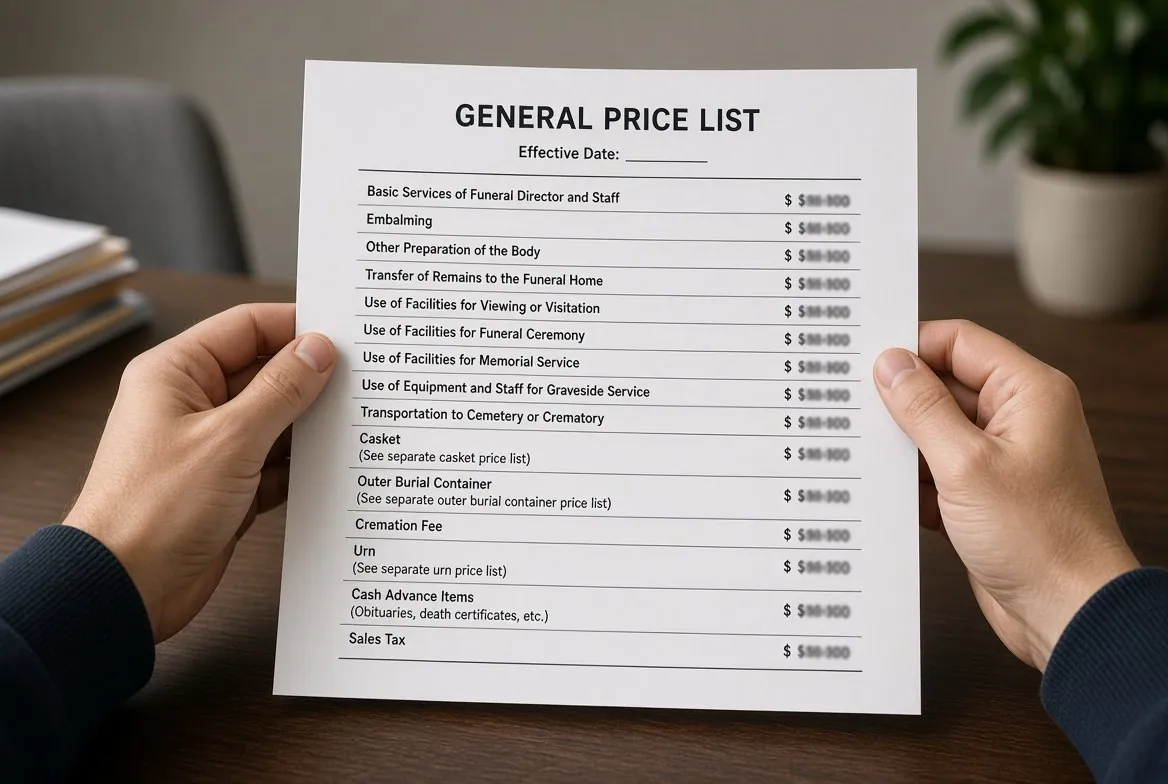 Two hands holding out a plain printed American funeral home general price list over a desk, services itemized down the left with a dollar figure beside each, no letterhead or logo