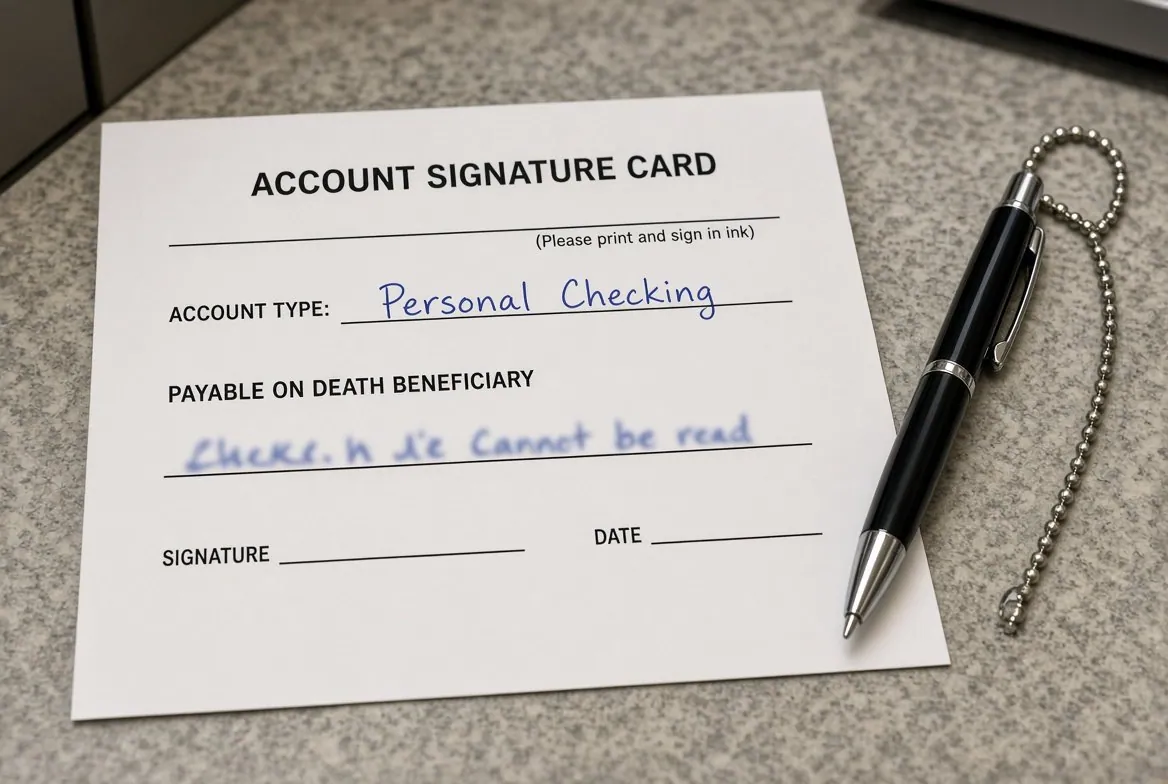 An American bank account signature card on a counter with a pen on a bead chain beside it, the account type filled in by hand as personal checking and a line headed Payable On Death Beneficiary completed in blue ink