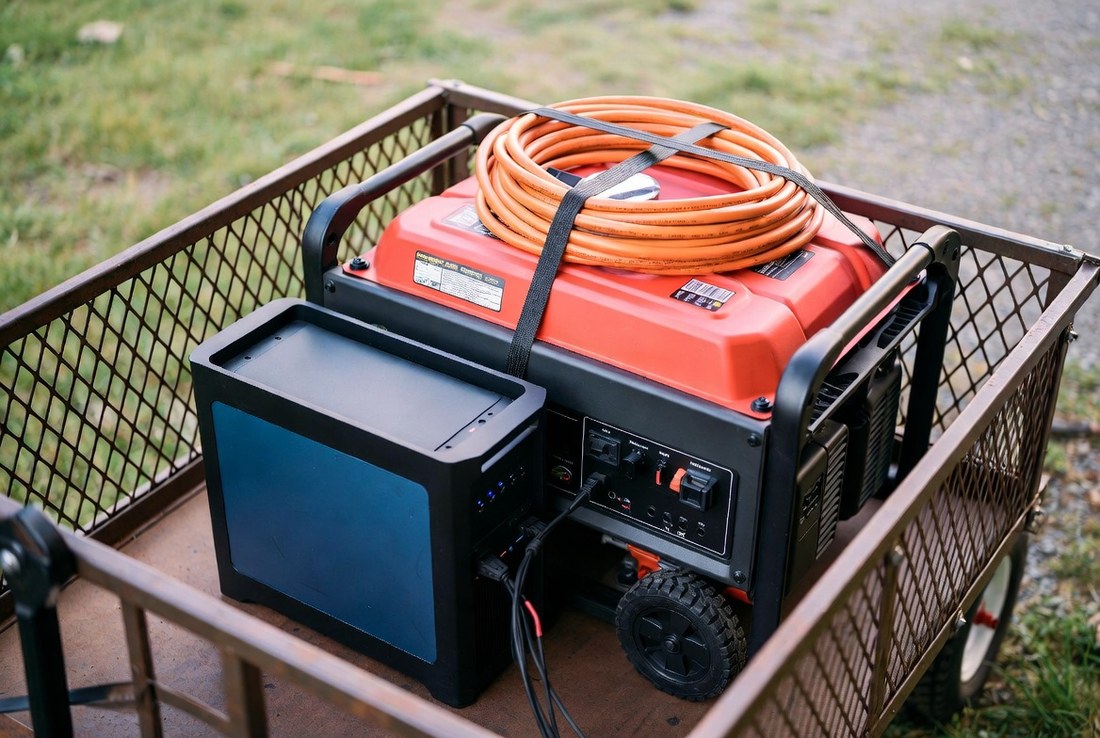A portable generator standing in a wheeled garden cart on grass, a battery power station plugged into it by a cable, an extension cord coiled and strapped on top