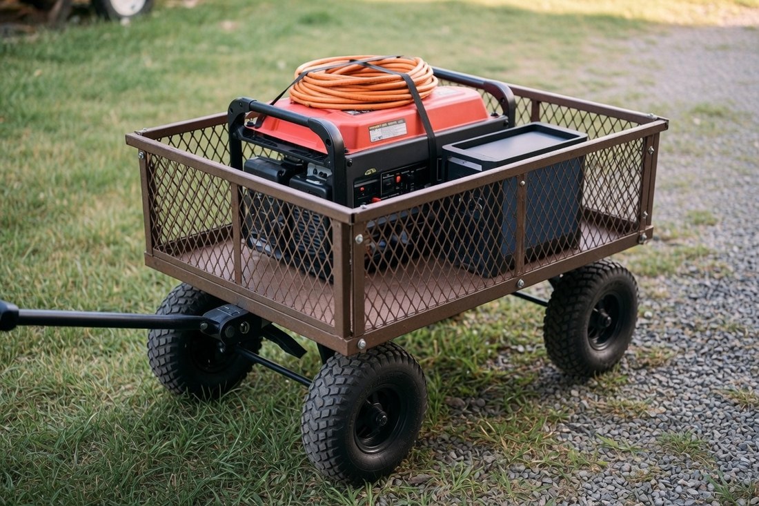 A portable generator sitting in a four-wheeled steel garden cart on grass, an orange extension cord coiled and strapped down on top of it