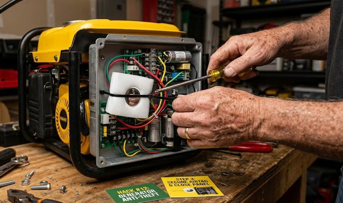 Senior hands tucking a small foam-wrapped tracker inside a portable generator service panel on a workbench
