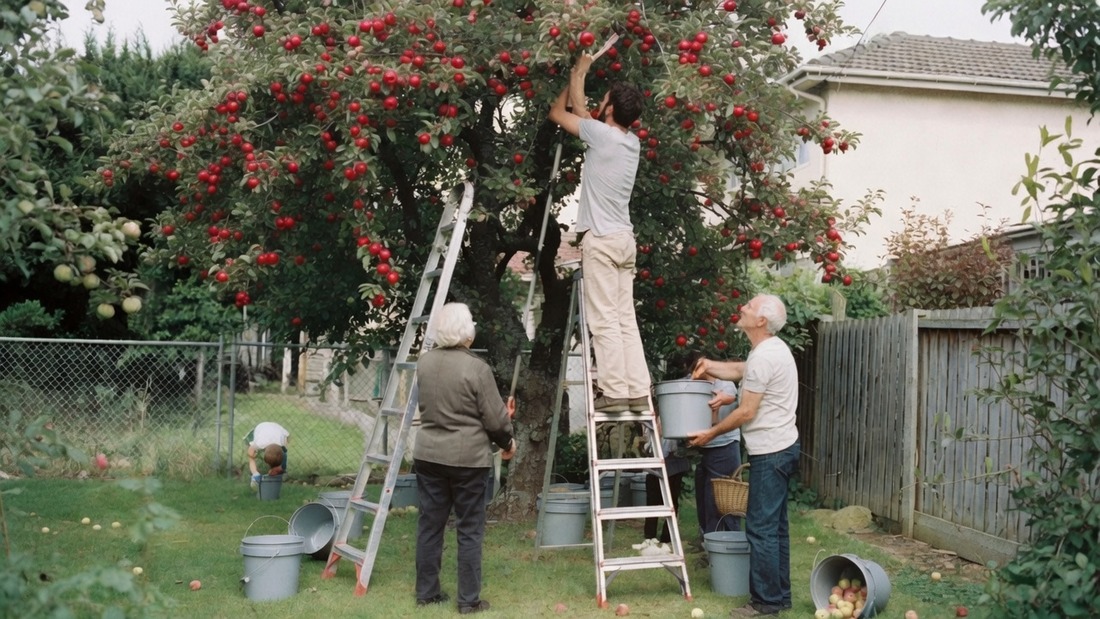 Four people picking a red apple tree in a suburban back garden: a young man high on a stepladder reaching into the branches, an older man on the ground taking a full bucket down from him, an older woman steadying the ladder, and a child gathering windfalls by the fence