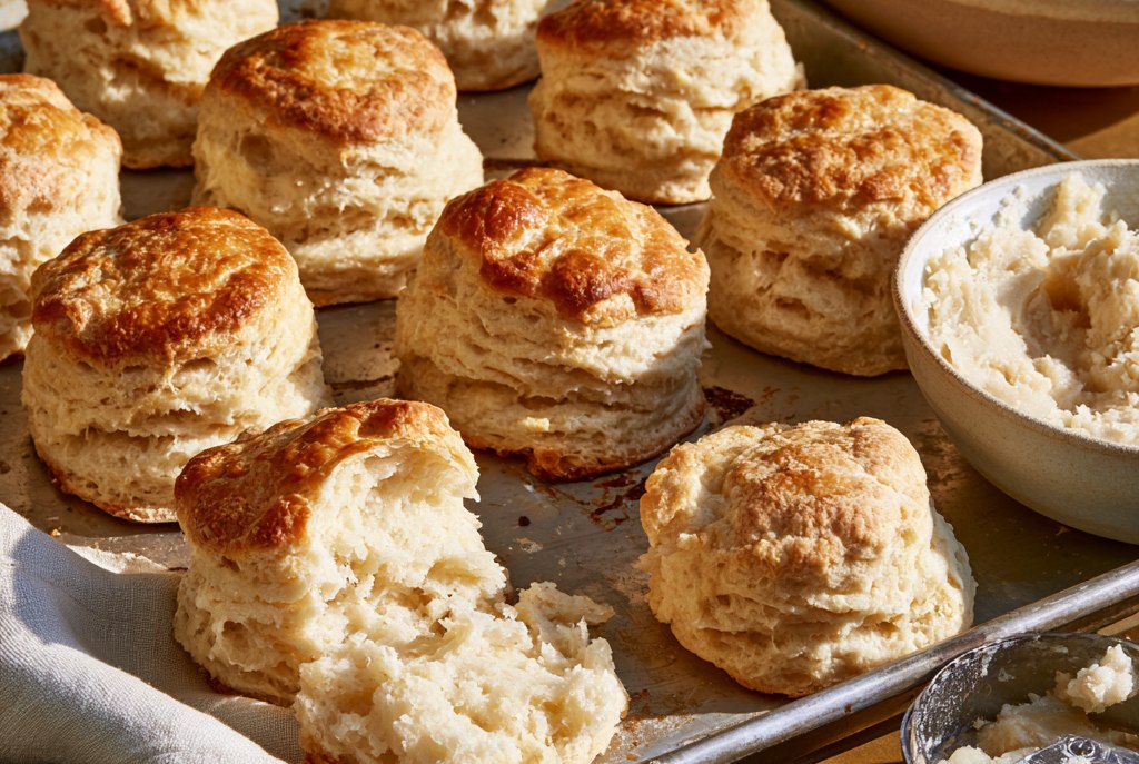 A tray of tall golden biscuits with visible flaky layers, one broken open on a cloth beside the tray, with a bowl of flour cut through with lard and a pastry blender alongside