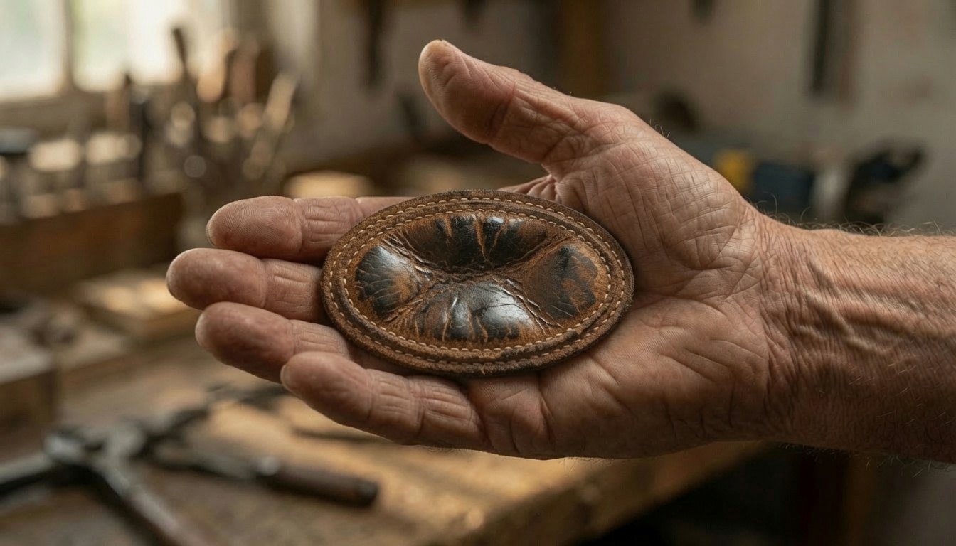 A worn oval leather palm pad resting in an older man&rsquo;s open hand in a workshop