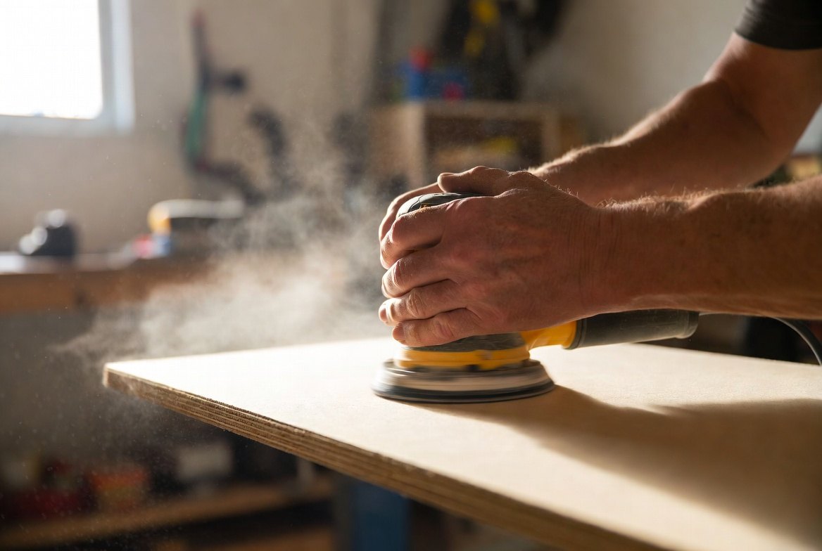 An older man&rsquo;s hands pressing an orbital sander flat against a wide board, dust rising into window light