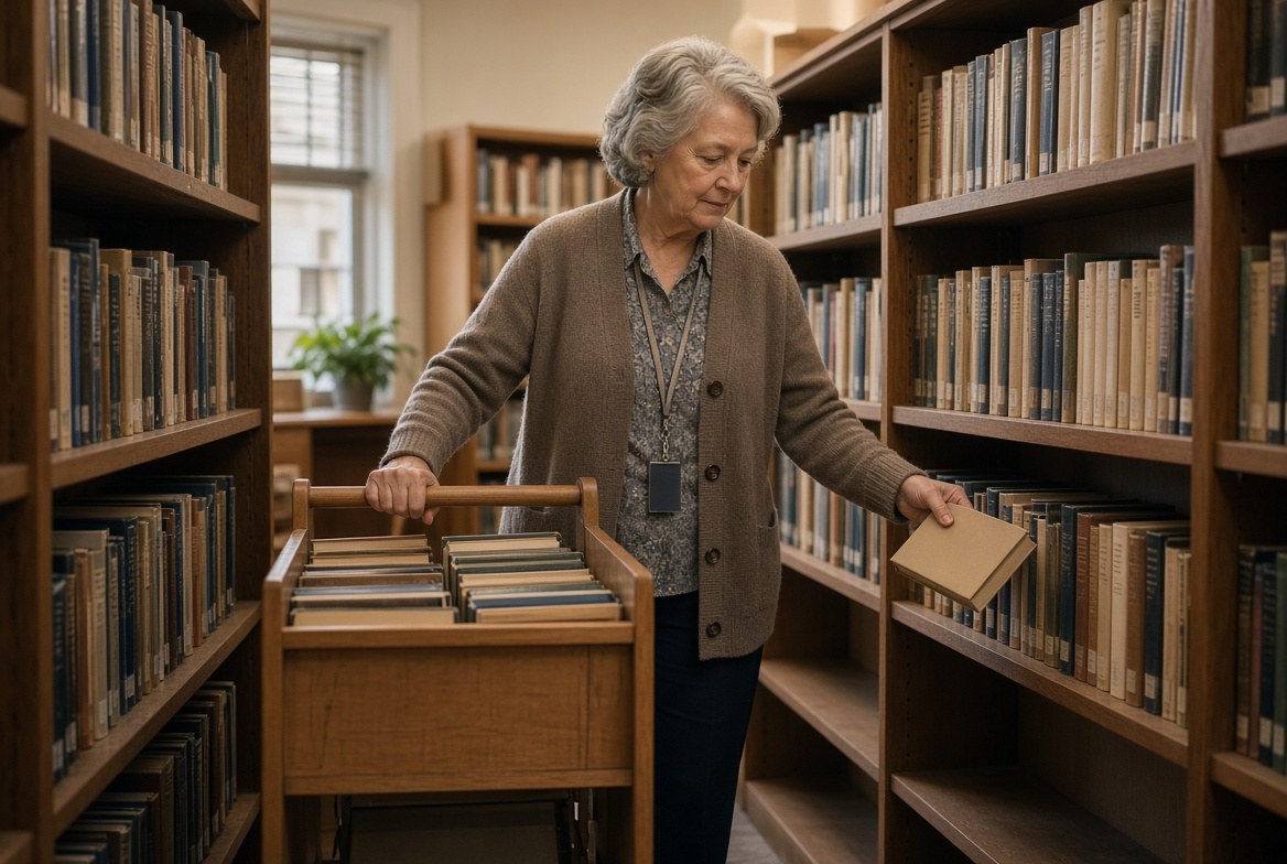 An older woman in a brown cardigan with a badge on a lanyard, steering a wooden cart of returned books between library shelves and putting a book back in its place