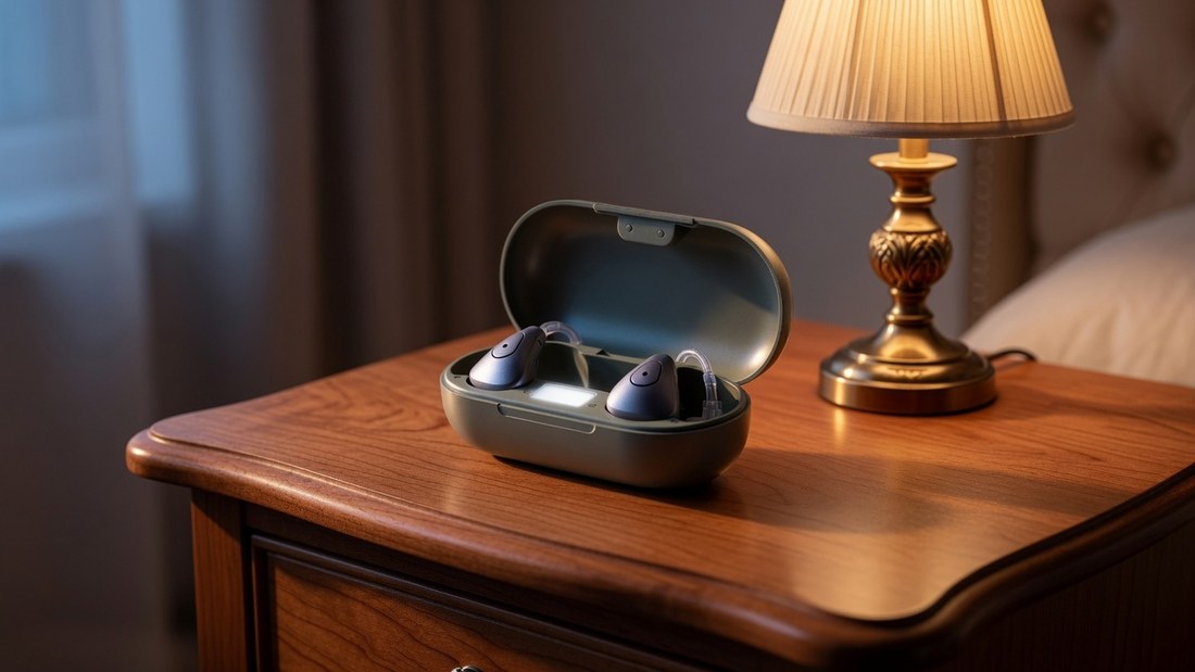A charging case open on a wooden bedside table with two behind-the-ear hearing aids seated in their sockets, a lamp lit beside it