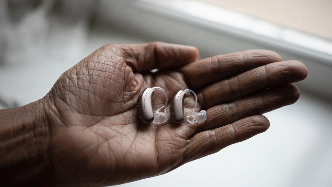 A weathered open hand holding a pair of small behind-the-ear hearing aids with clear tubing, soft window light behind