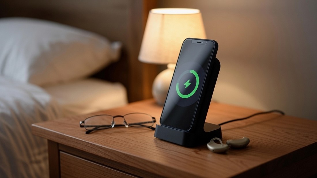 A bedside table at night with a telephone upright on a charging stand, a pair of reading glasses, and two hearing aids lying on the wood beside them