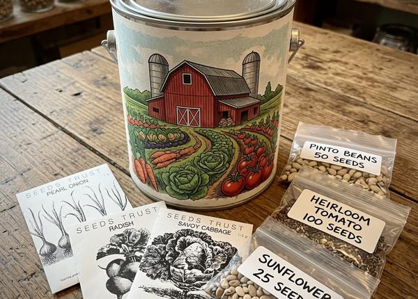 A farm-themed gallon tin and heirloom seed packets for pearl onion, radish, and savoy cabbage, alongside hand-labeled bags of pinto bean, heirloom tomato, and sunflower seeds on a wooden table