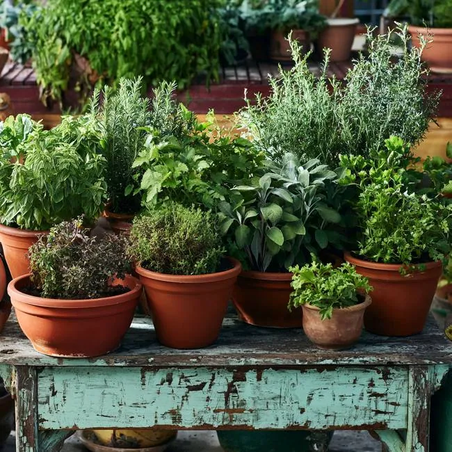 Terracotta pots with rosemary, sage, thyme, and parsley herbs growing on a sunny patio