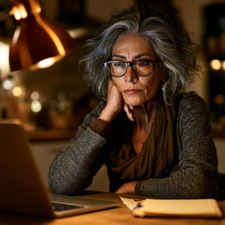 Retired woman researching at laptop late at night with reading glasses and notepad