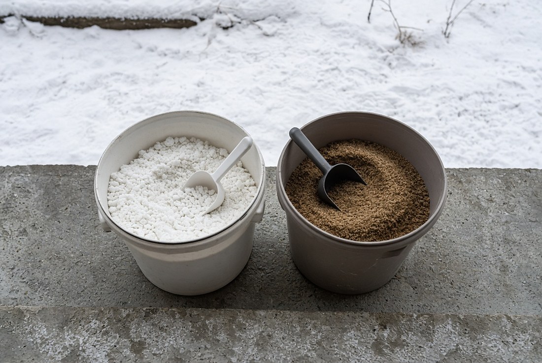 Two open buckets standing side by side on a concrete step in winter with snow beyond, the left holding white de-icer granules with a scoop and the right holding coarse brown sand with its own scoop