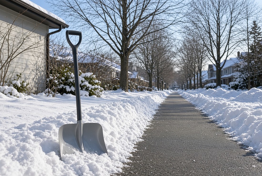A snow shovel standing upright in a snowbank beside a residential sidewalk that has already been cleared down to the pavement, banked snow on both sides, bare trees and houses along the street in bright winter sun