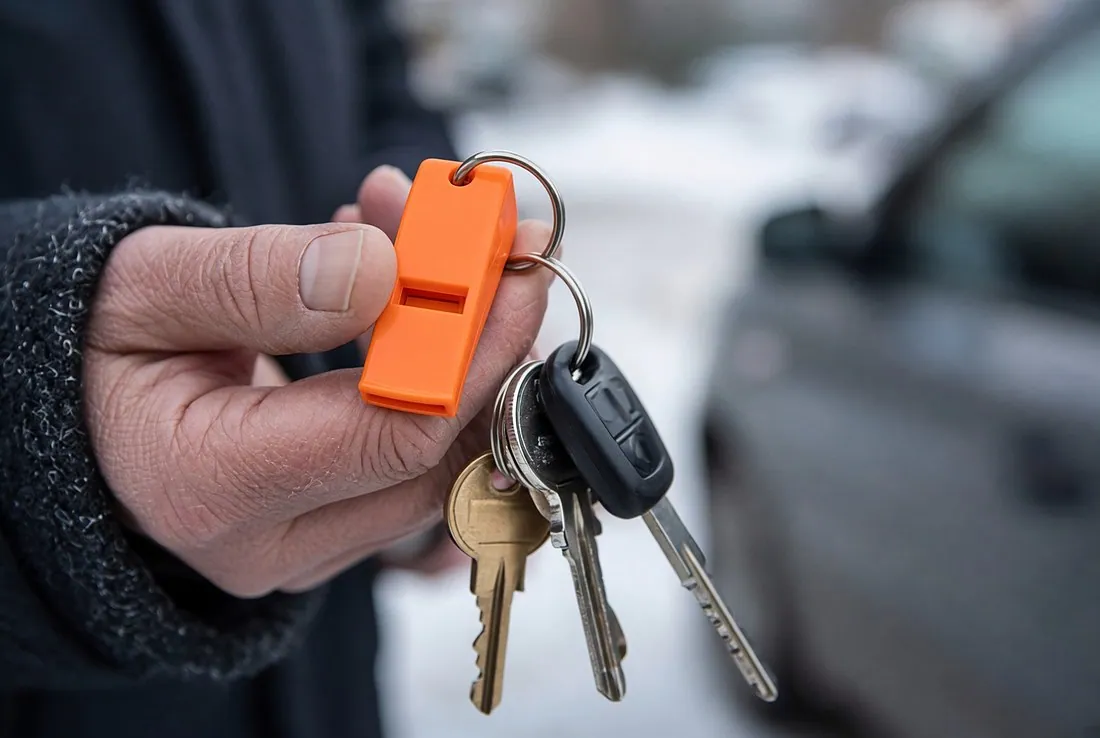 An older person's hand holding house and car keys in winter with a bright orange plastic whistle on the same keyring