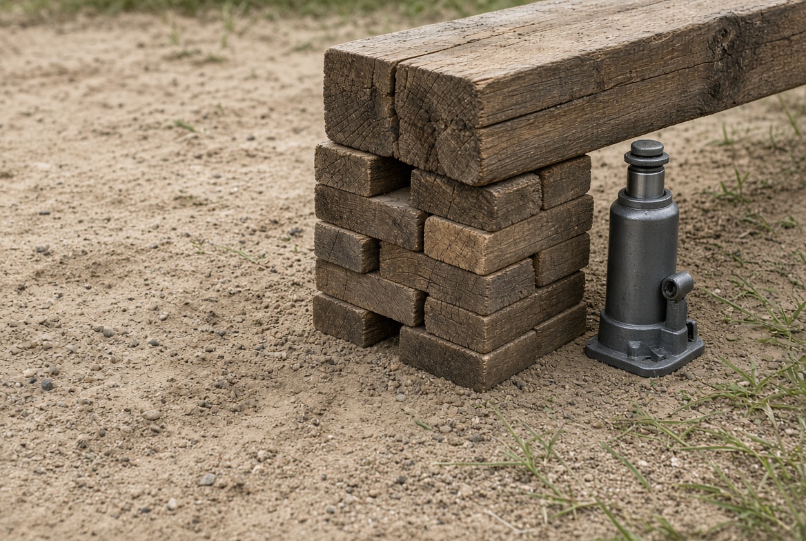 A stack of wooden blocks cribbed log-cabin style on dirt, holding up a heavy timber beam, with a bottle jack standing beside it