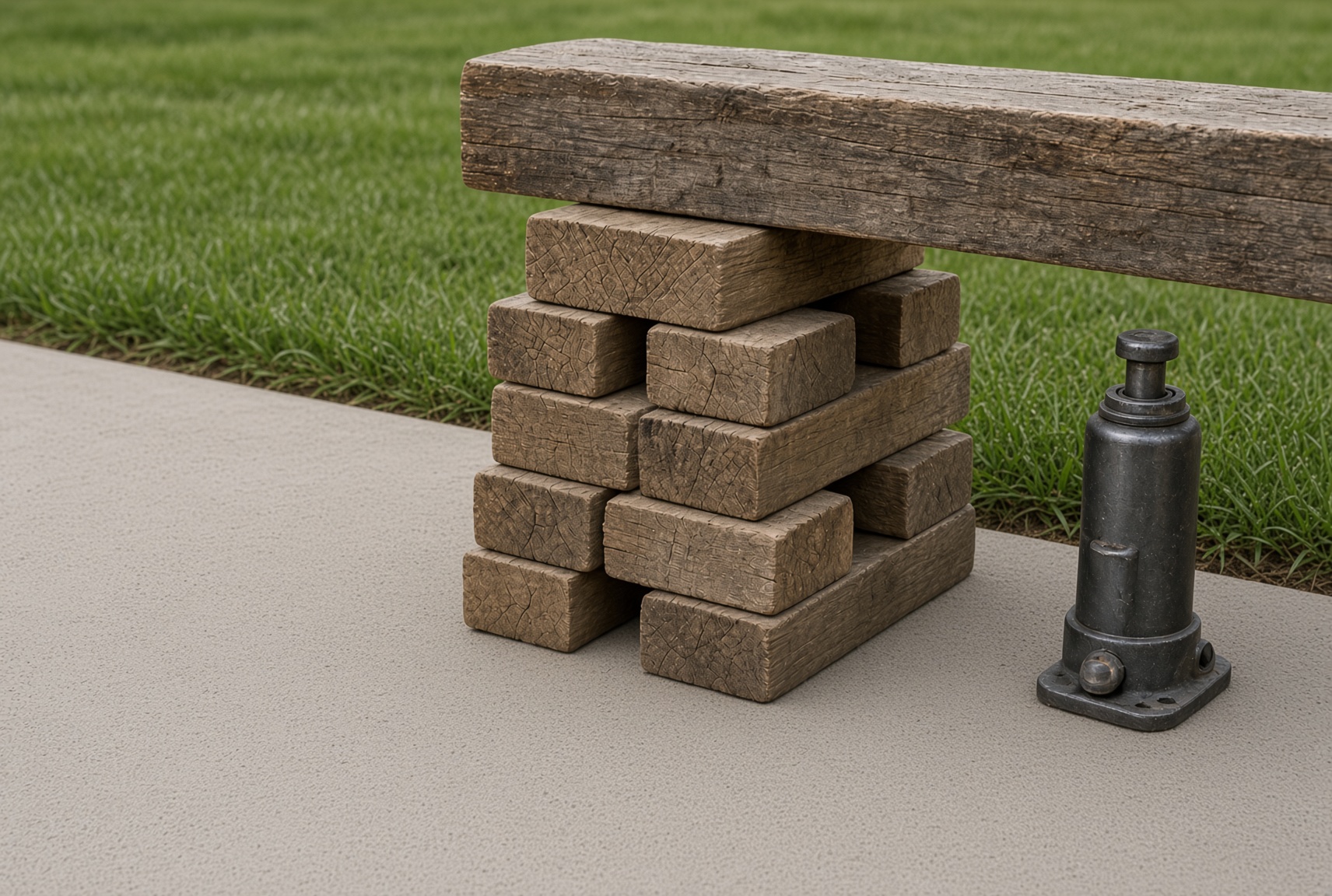 Wooden blocks stacked log-cabin style on a concrete slab supporting a heavy beam, with a bottle jack standing unloaded beside them