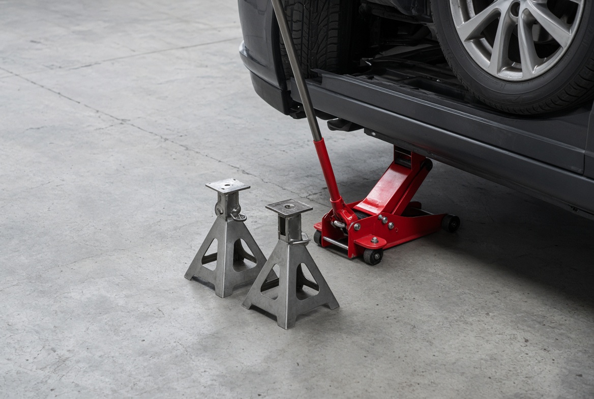 A red floor jack raising the side of a car on a concrete garage floor, with two jack stands waiting in the foreground