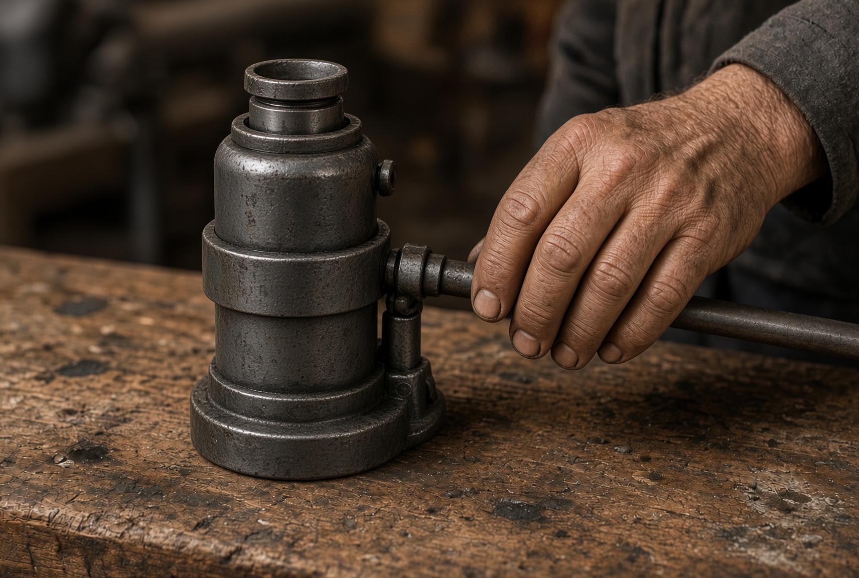 A weathered hand resting on the pump handle of a steel bottle jack on a workbench