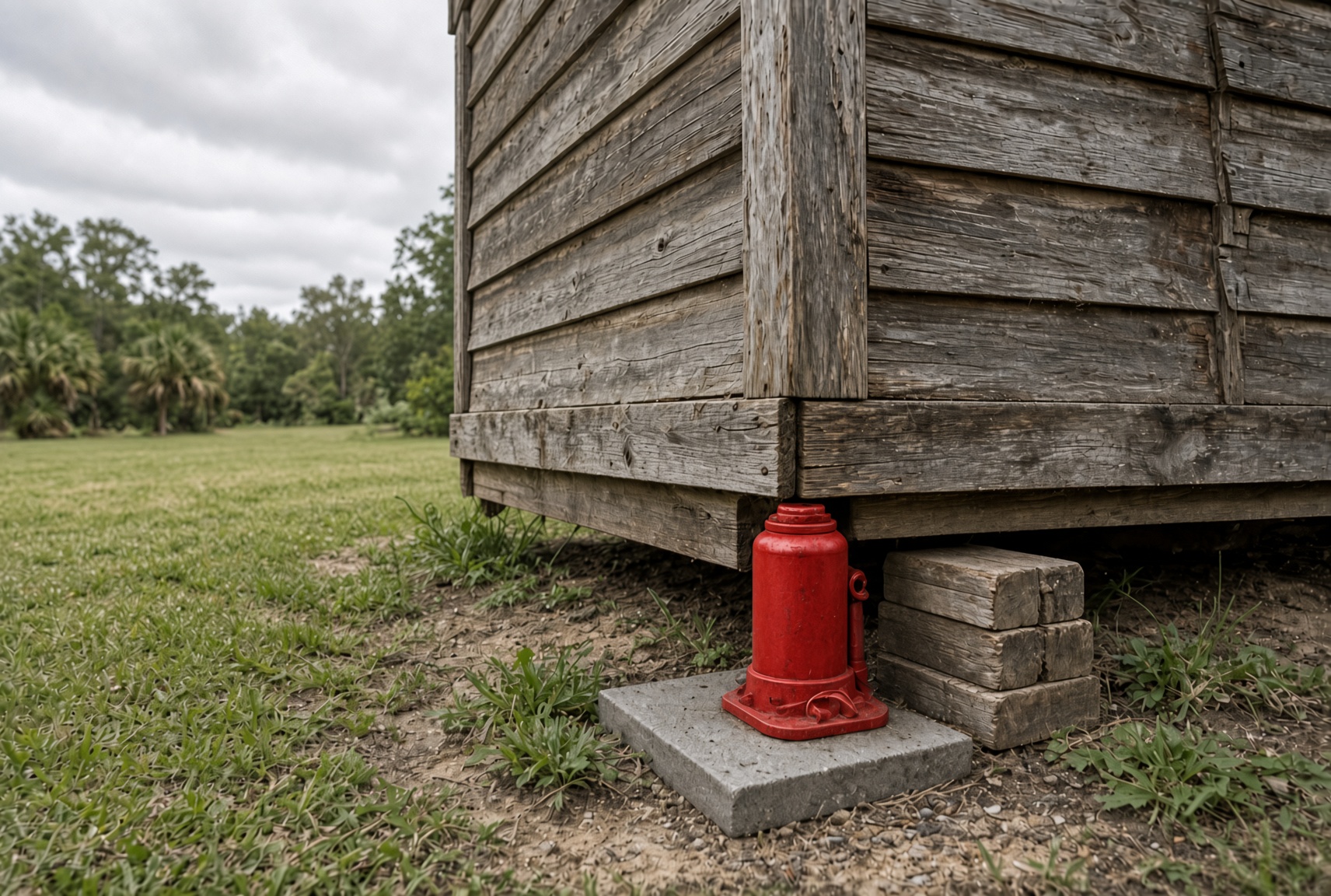 A red bottle jack on a concrete paver lifting the corner of a weathered wooden shed, with a stack of wood blocks alongside