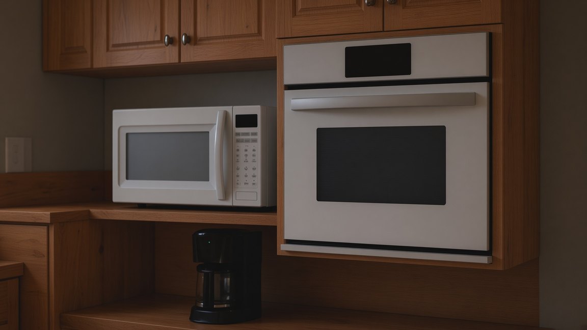 A microwave and a built-in wall oven side by side in a kitchen, both displays completely blank, with a dark coffee maker on the counter below
