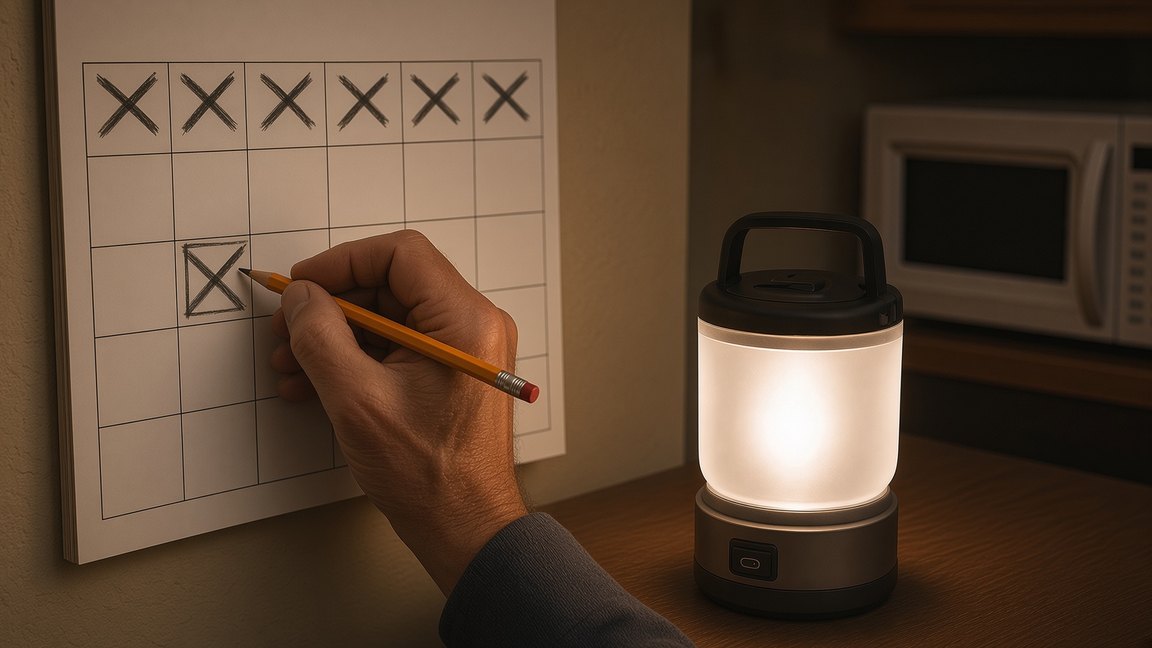 A hand holding a pencil marking an X on a paper wall calendar lit by a battery lantern, six days already crossed off, and a microwave with a blank display in the dim kitchen behind