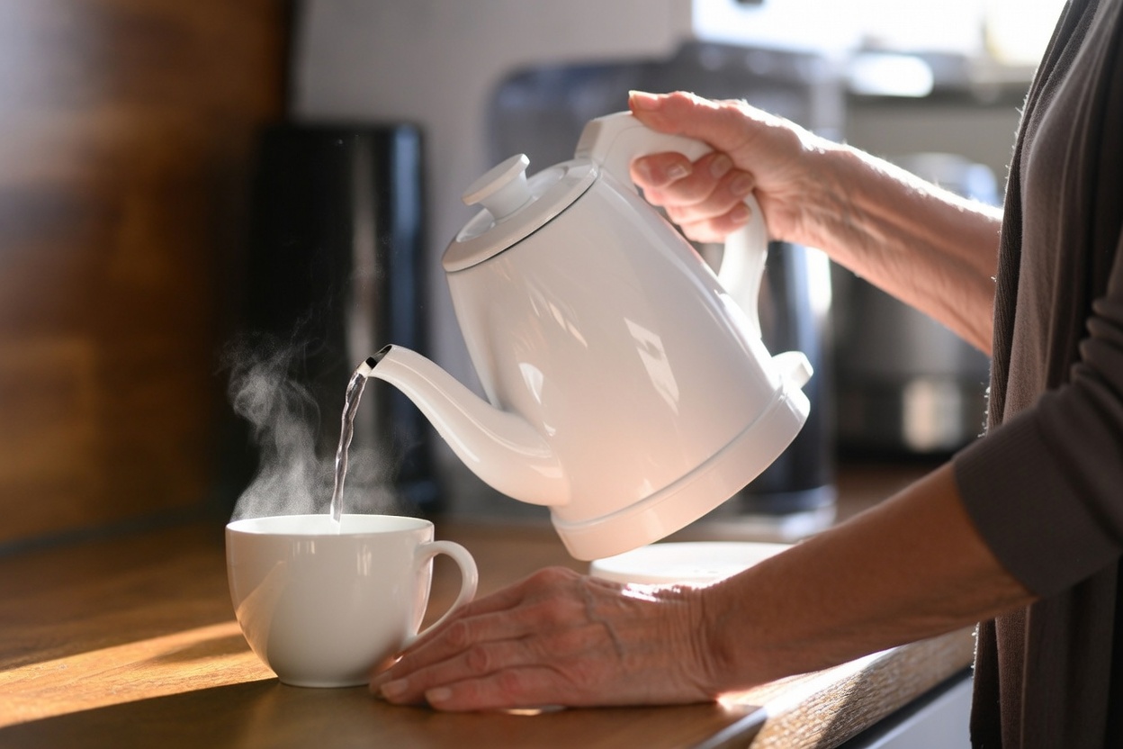 An older woman pouring hot water from a light electric kettle into a cup at counter height &mdash; one hand on the handle, one steady on the counter, elbows low and wrists straight