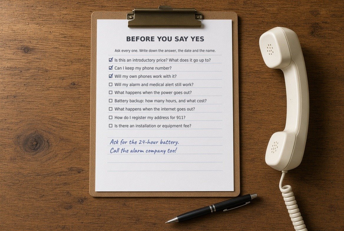 A clipboard on a kitchen table holding a printed checklist headed Before You Say Yes, with nine questions about replacement phone service, three ticked in blue pen and handwritten notes to ask for the 24-hour battery and call the alarm company, a corded phone handset and a pen beside it