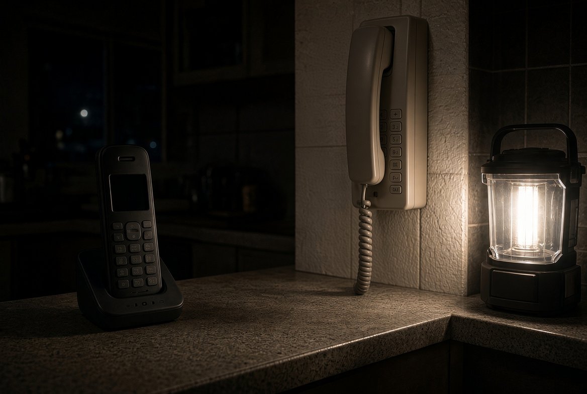A dark kitchen at night lit by a battery lantern, a cordless phone standing dead in its charging base on the counter and a plain corded telephone on the wall beside the lantern