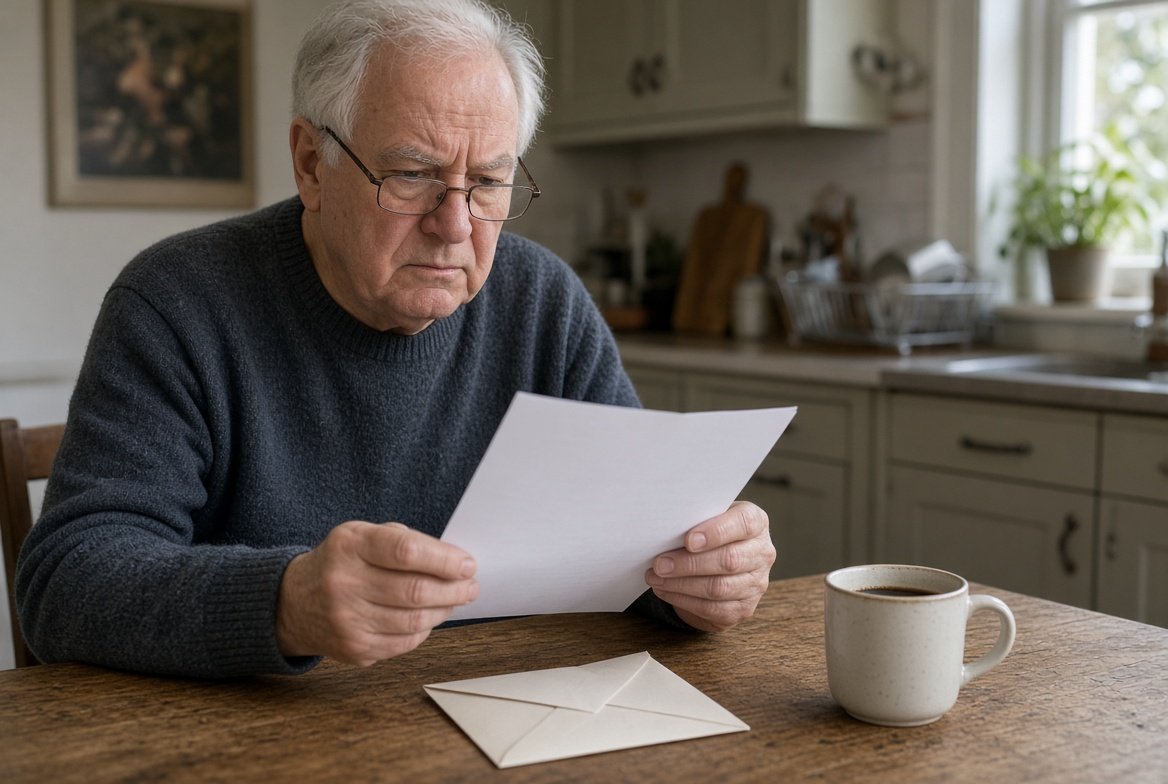 An older man in reading glasses at his kitchen table frowning at a one-page letter, an opened envelope and a mug of coffee in front of him