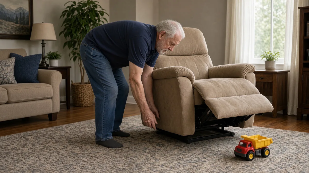 An older man bending over beside a recliner with its footrest raised, looking at the open metal mechanism underneath, with a child&rsquo;s red and yellow toy dump truck on the rug nearby