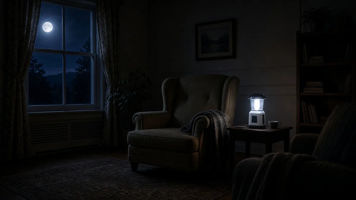 A dark living room at night with moonlight at the window, an empty armchair, and a white battery camping lantern lit on the side table beside it