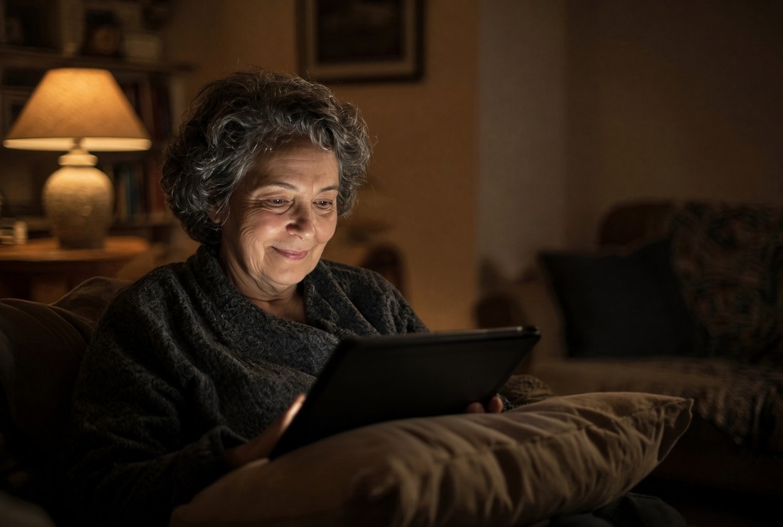 An older woman in a lamplit living room at night, a tablet resting on a cushion in front of her, the screen lighting her face, looking calm