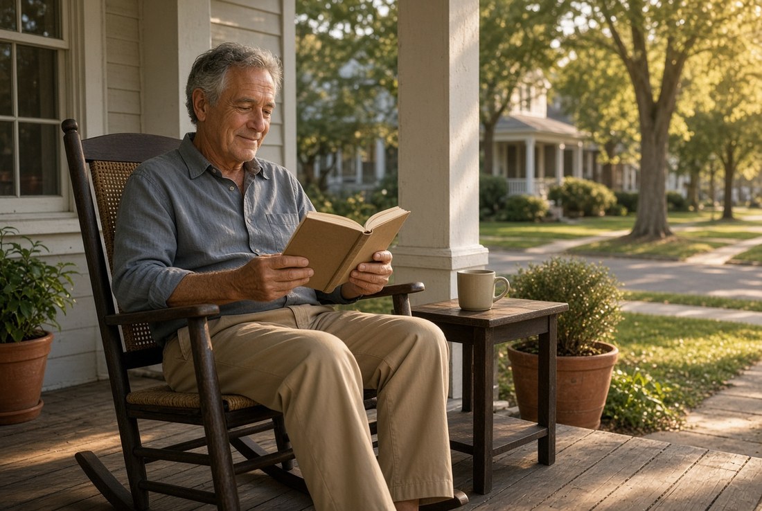An older man alone in a rocking chair on a shaded porch in the morning, reading a book with a mug on the table beside him, entirely at ease