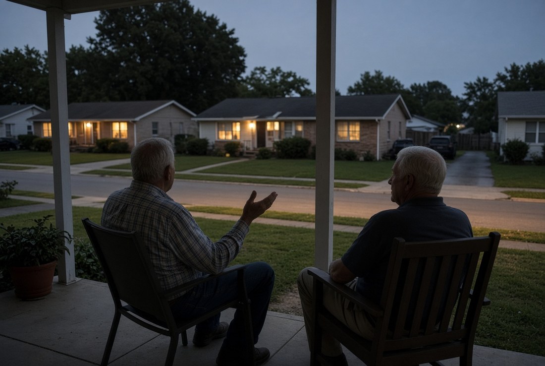 Two older men sitting in chairs on a front porch at dusk, seen from behind, one gesturing mid-story, looking out over a quiet street of single-story houses with their porch lights on