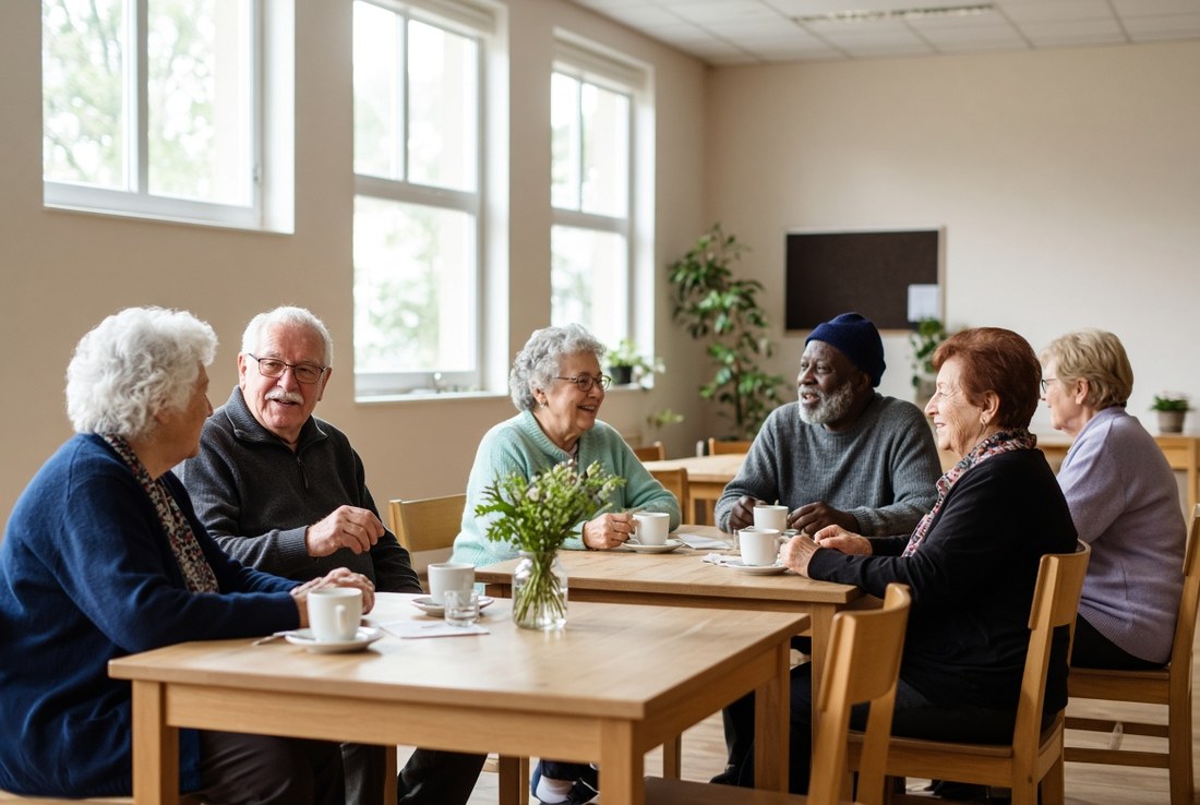 Six older adults sitting around tables with coffee cups in a bright community room, mid-conversation, daylight through high windows