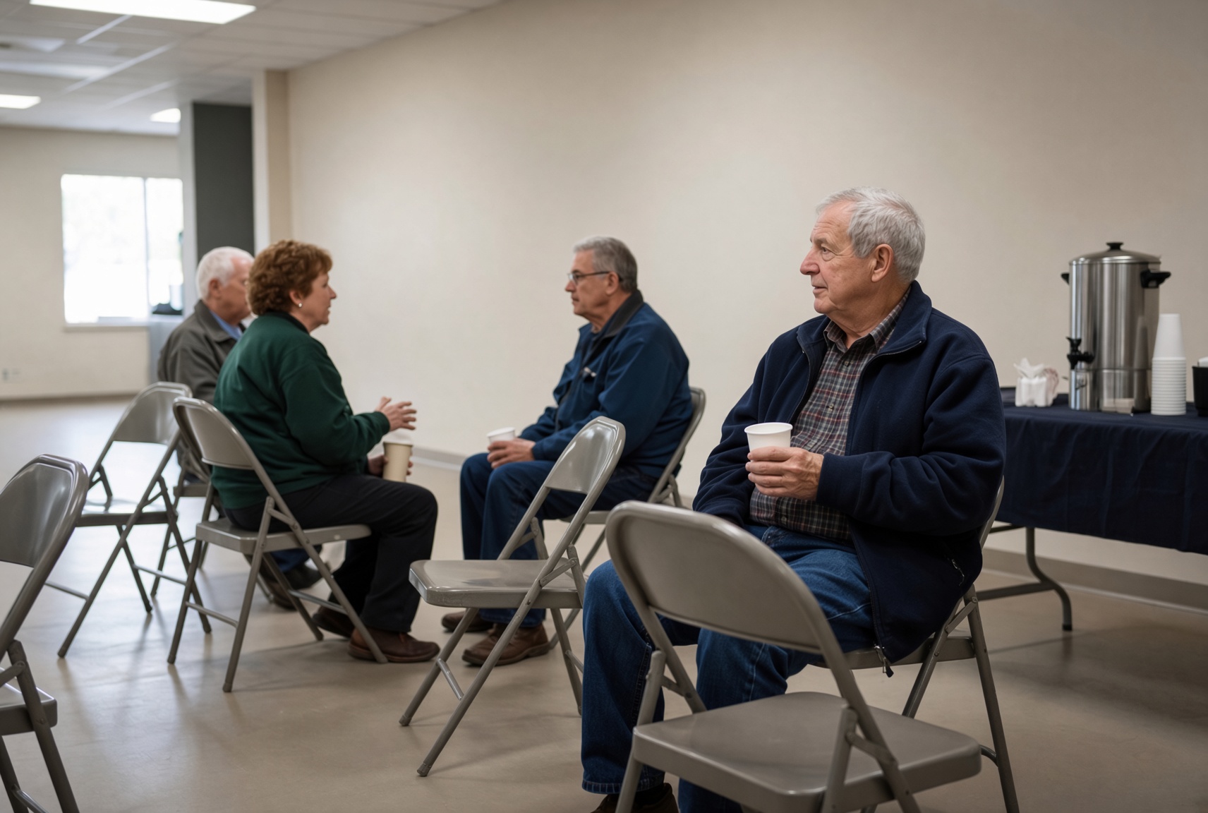 An older man sitting apart at the edge of a group in a community hall, holding a paper cup near the coffee urn