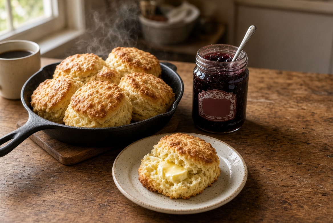 A cast-iron skillet of buttermilk biscuits with one split open and buttered on a plate beside an open jar of dark berry jam and a mug of coffee