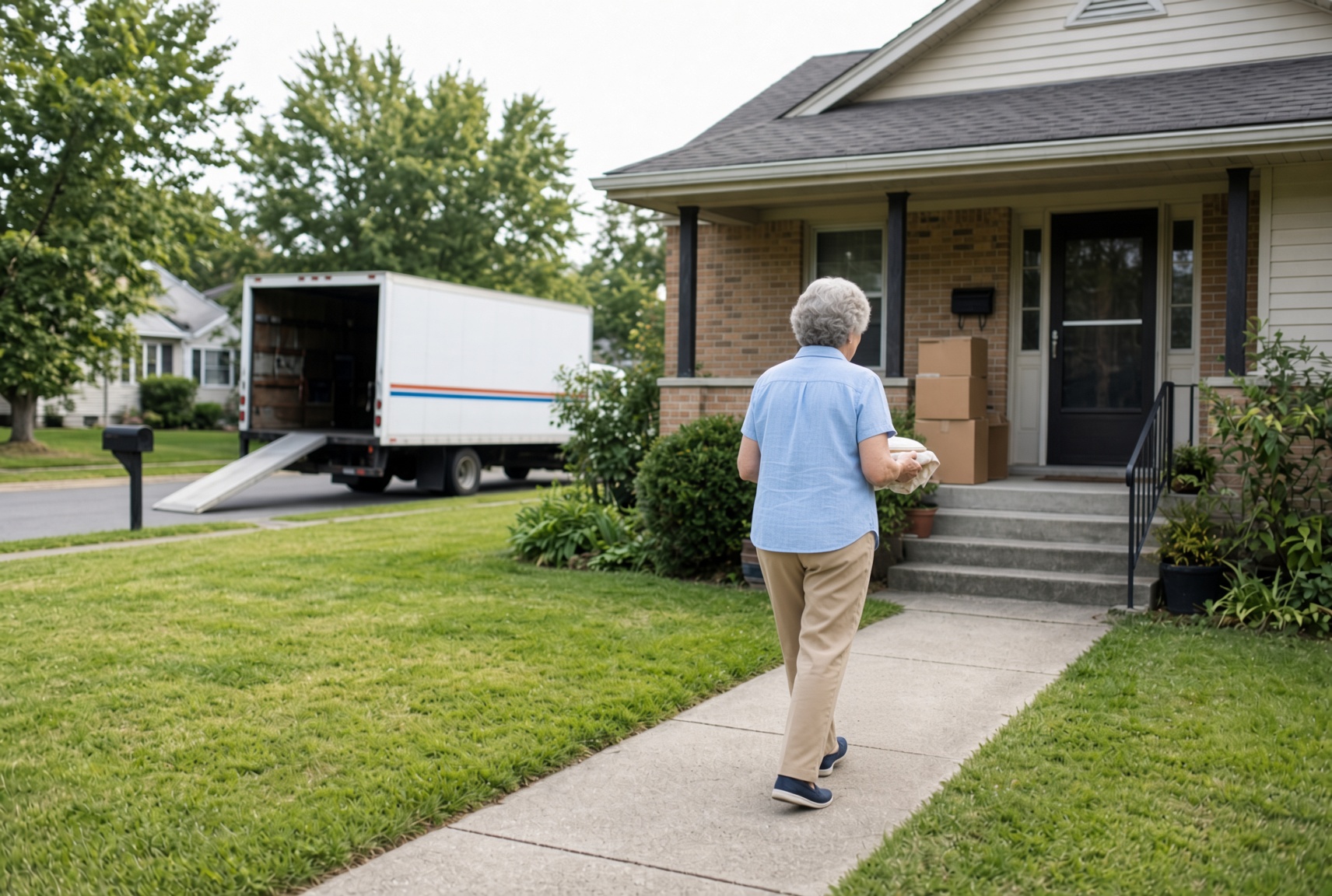 An older woman walking up a front path with a covered dish while a moving truck stands at the curb behind her
