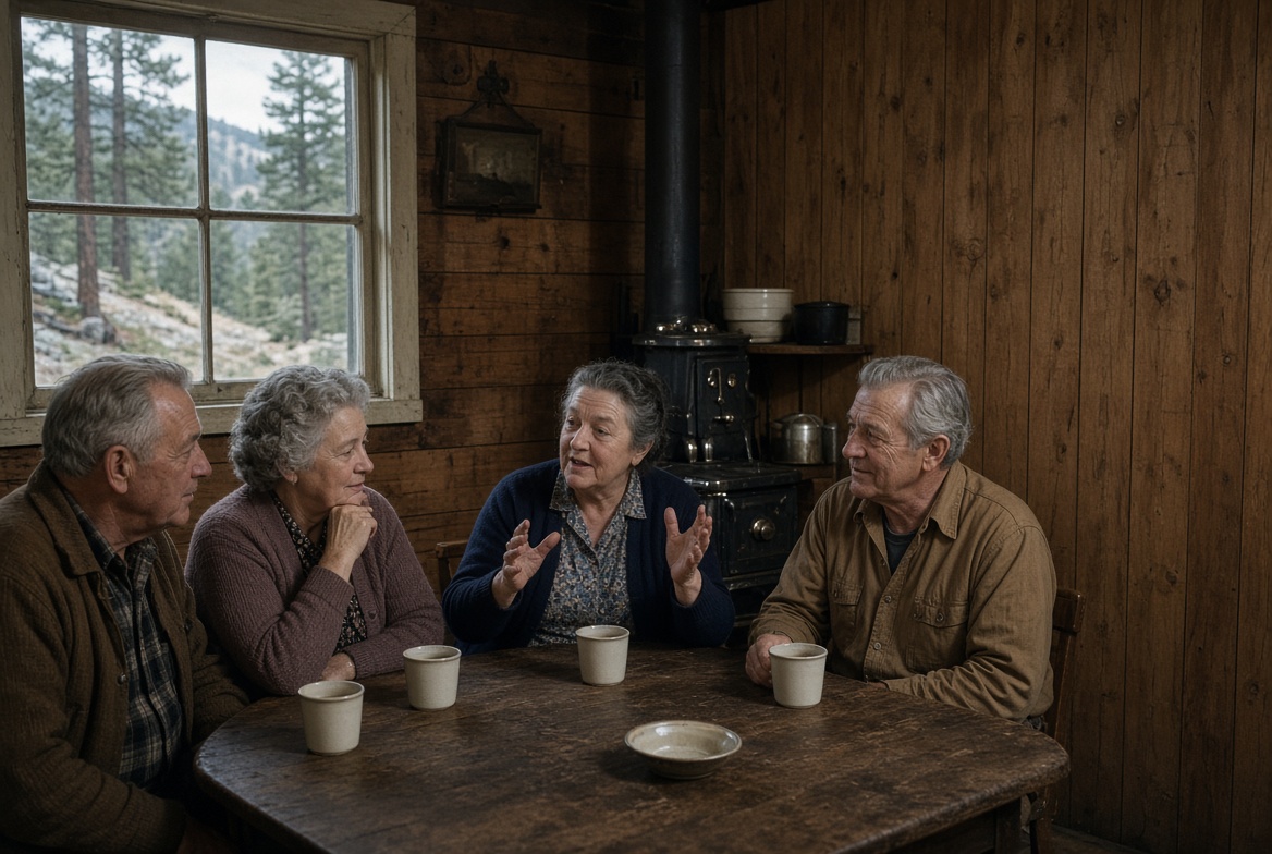Four older people around a table in a mountain cabin with coffee cups, a wood stove behind them and pines through the window